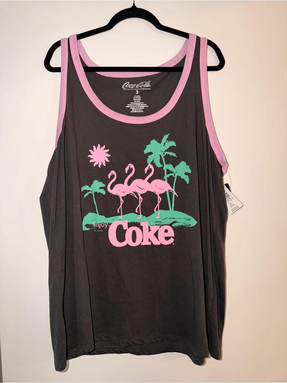 Coca Cola Black Tank with Pink Flamingos & Green Palms